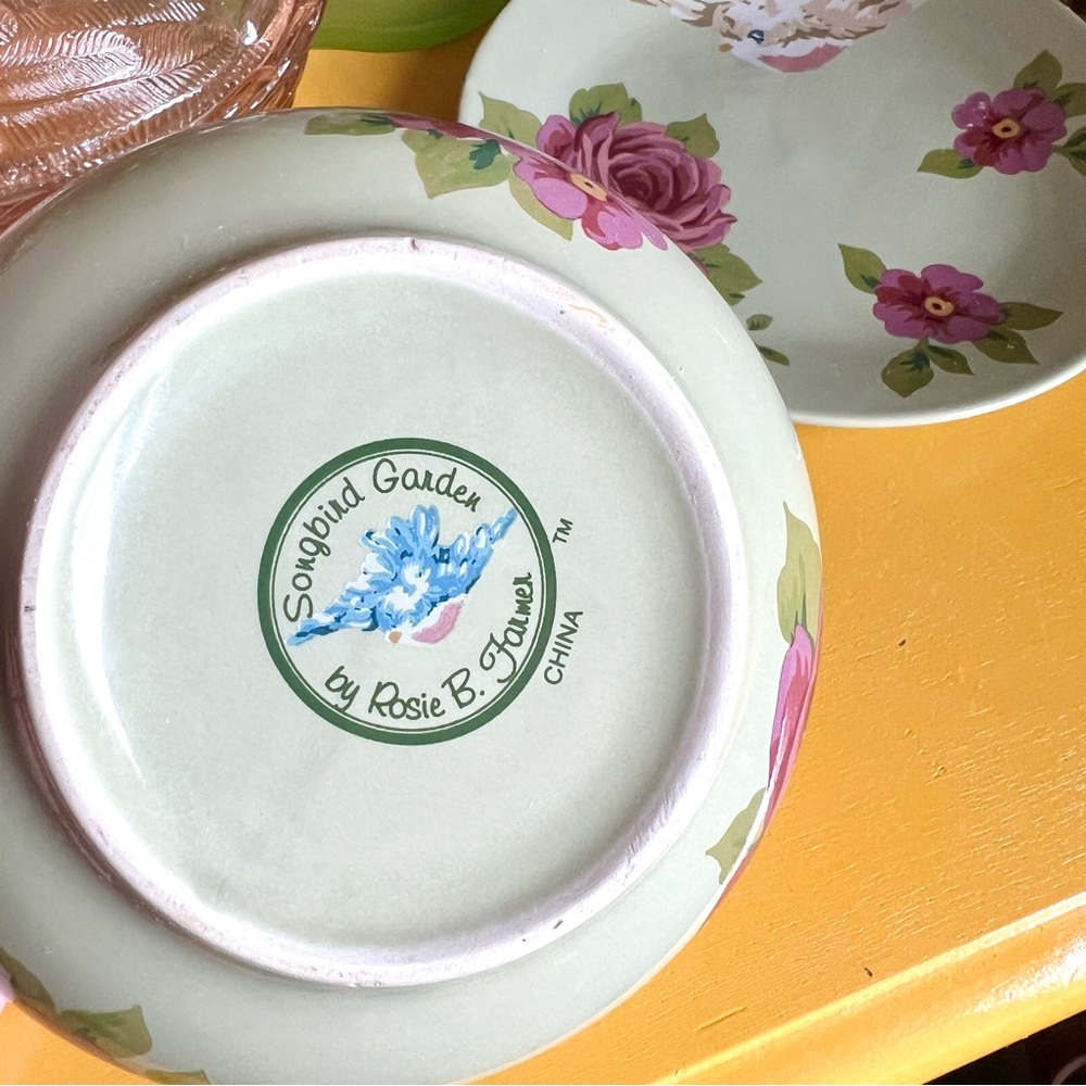 Songbird Garden by Rosie B. Farmer Bowl And Small Plate Sets Pink Blue Green - Picture 6 of 13